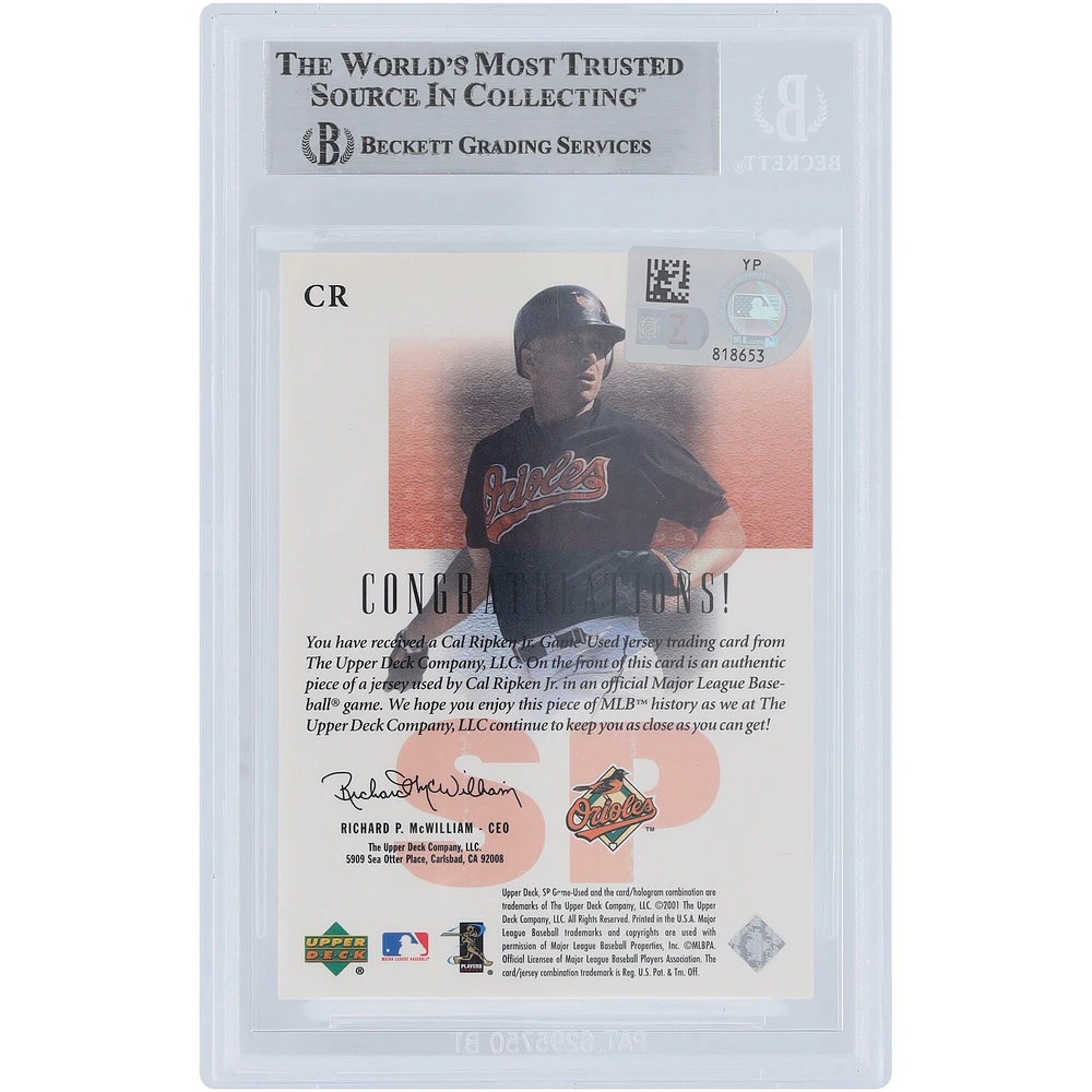 Cal Ripken Jr. Baltimore Orioles Autographed 2001 Upper Deck SP Game-Used Authentic Fabric Jersey Relic #CR Beckett Fanatics Witnessed Authenticated Card