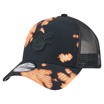 Men's New Era  Black Baltimore Orioles Bleached A-Frame 9FORTY Adjustable Hat
