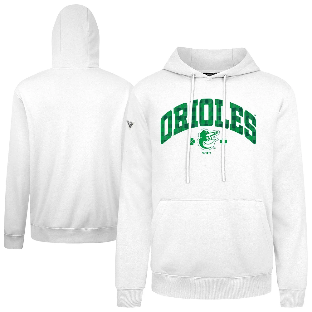 Men's Levelwear White Baltimore Orioles St. Patrick's Day Podium Plaid Pullover Hoodie