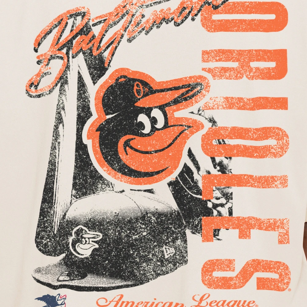 Men's New Era Cream Baltimore Orioles Cooperstown Collection Oversized Throwback Distressed T-Shirt