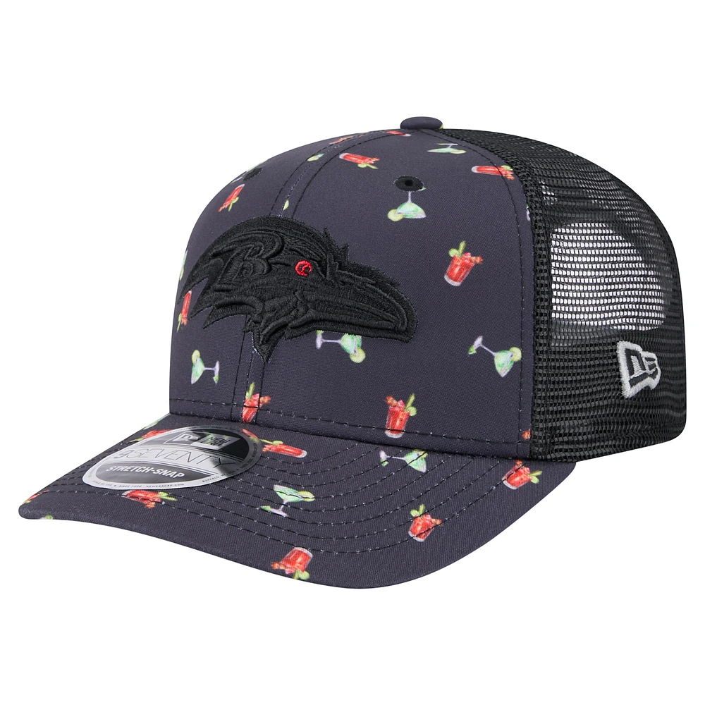 Men's New Era Navy/Black Baltimore Ravens Adventure Drinks Pattern 9SEVENTY Stretch-Snap Hat