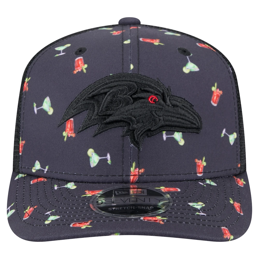 Men's New Era Navy/Black Baltimore Ravens Adventure Drinks Pattern 9SEVENTY Stretch-Snap Hat