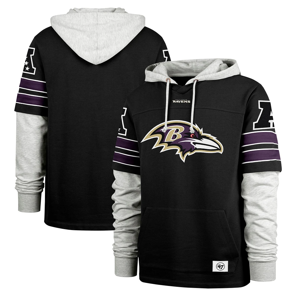 Men's '47 Black Baltimore Ravens Double Header Blitz Cornerback Pullover Hoodie