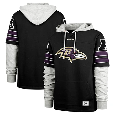 Men's '47 Black Baltimore Ravens Double Header Blitz Cornerback Pullover Hoodie