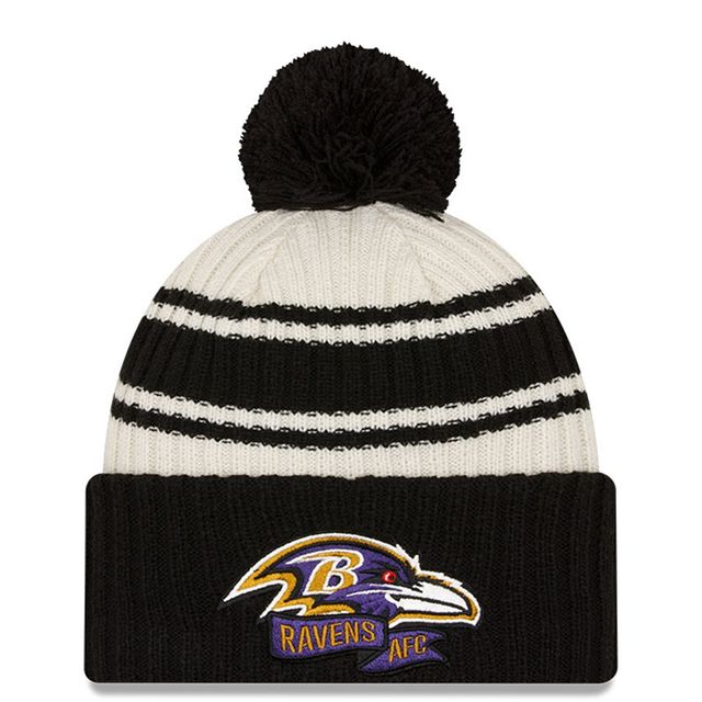 Baltimore Ravens 2022 Sideline crème/noir New Era pour homme - Tuque en tricot à revers sport avec pompons