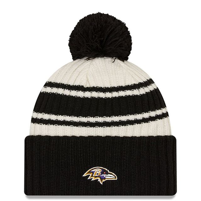 Baltimore Ravens 2022 Sideline crème/noir New Era pour homme - Tuque en tricot à revers sport avec pompons