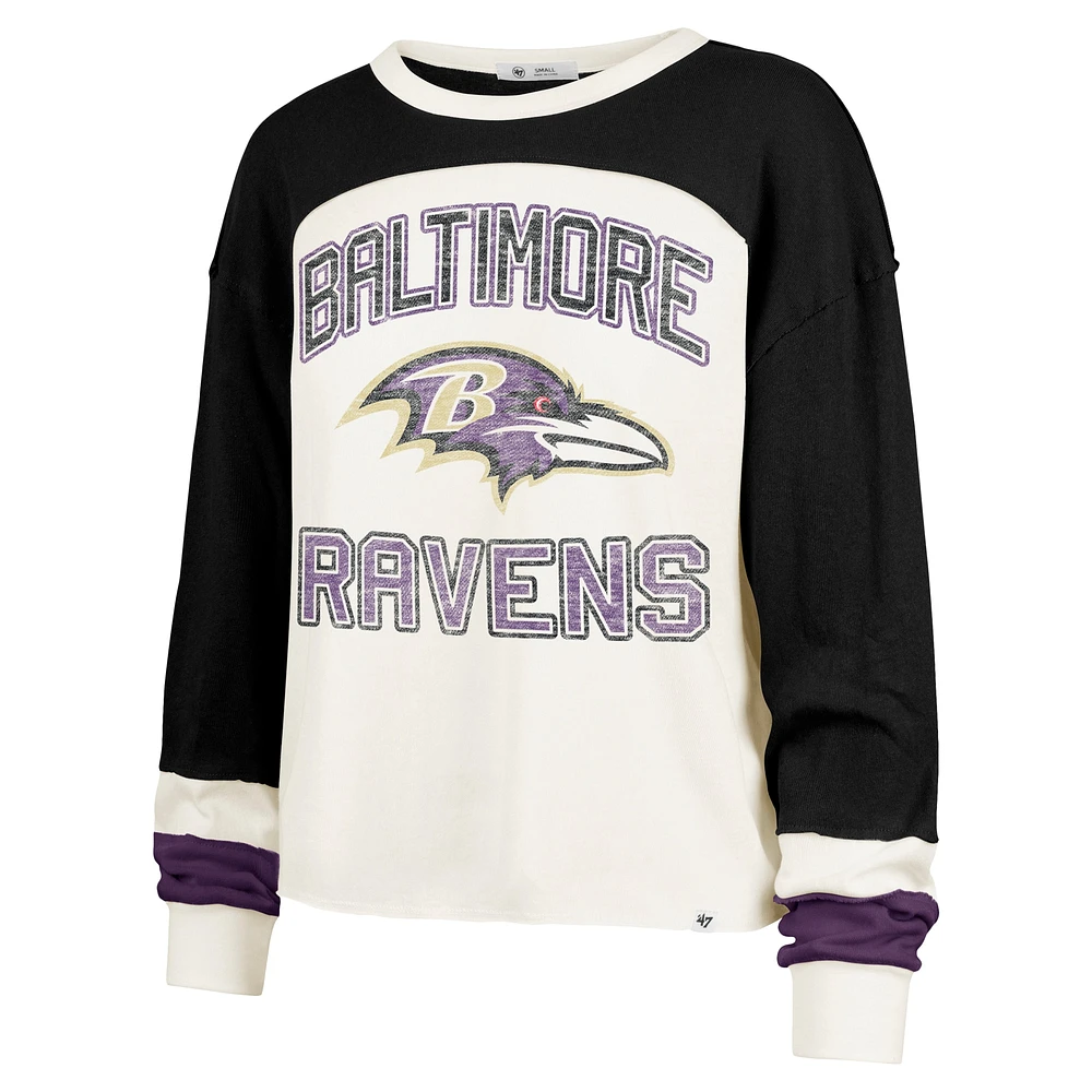 Women's '47 Cream Baltimore Ravens Double Header Curve Raglan Long Sleeve Crop Top