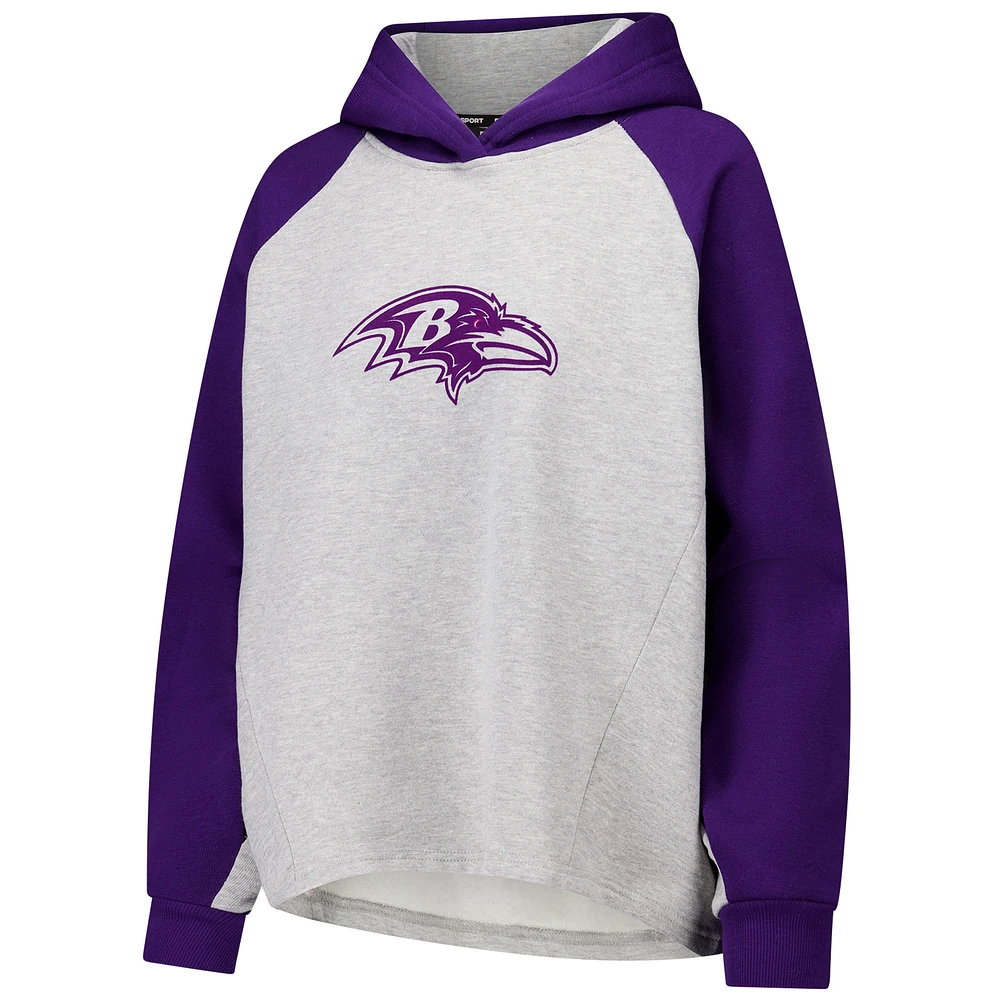 Women's DKNY Sport Gray/Purple Baltimore Ravens Joy Cropped Raglan Pullover Hoodie