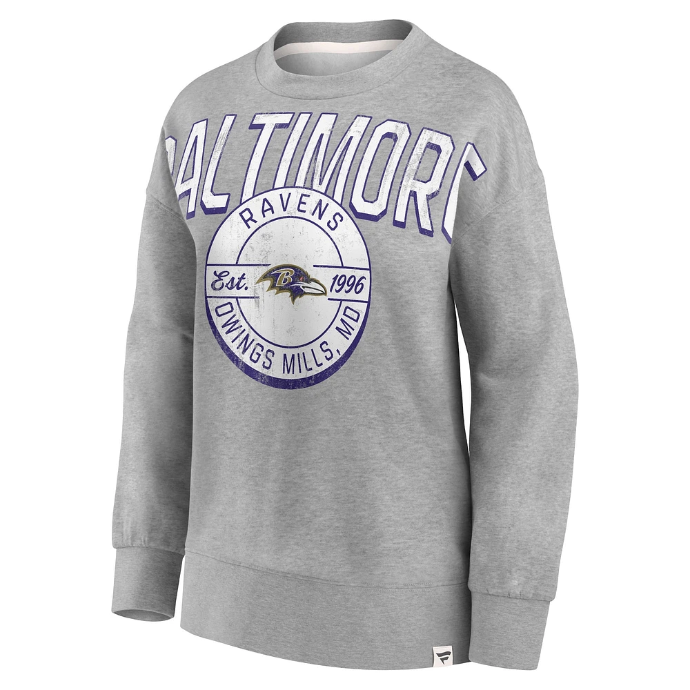 Women's Fanatics Heathered Gray Baltimore Ravens Jump Distribution Tri-Blend Pullover Sweatshirt