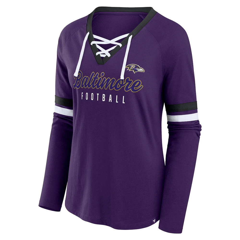 Women's Fanatics Purple Baltimore Ravens Plus Won & Done Lace-Up V-Neck Long Sleeve T-Shirt