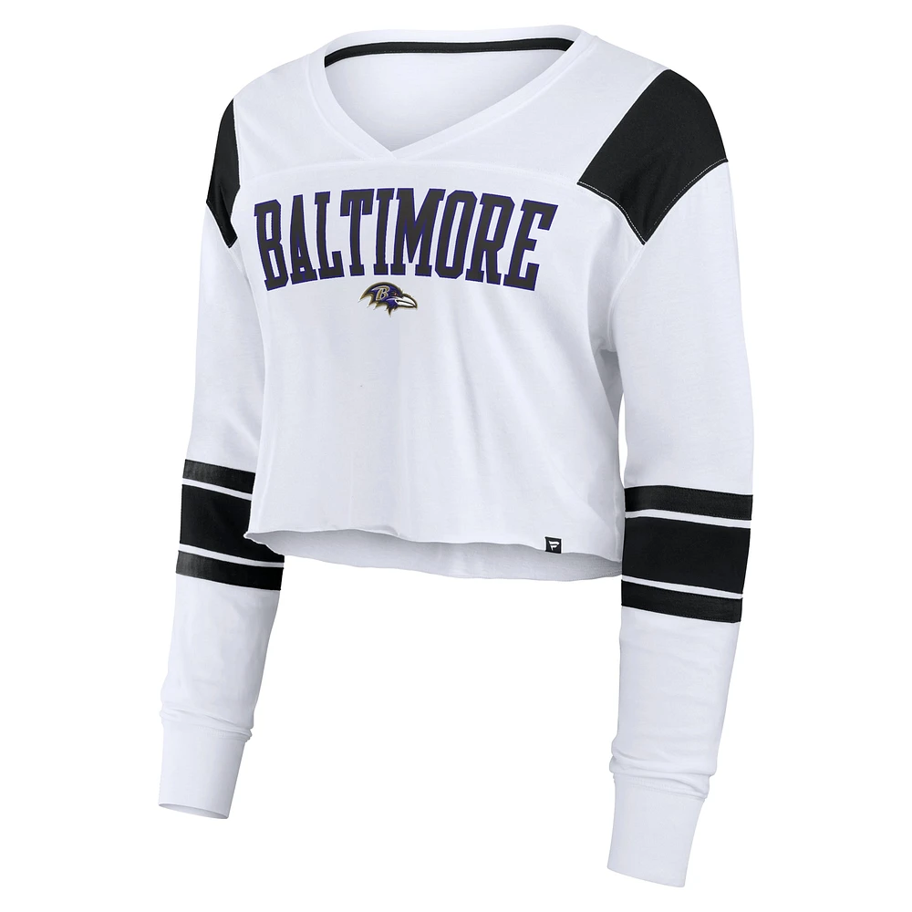 Women's Fanatics  White Baltimore Ravens Stretch Cropped Fashion Long Sleeve T-Shirt