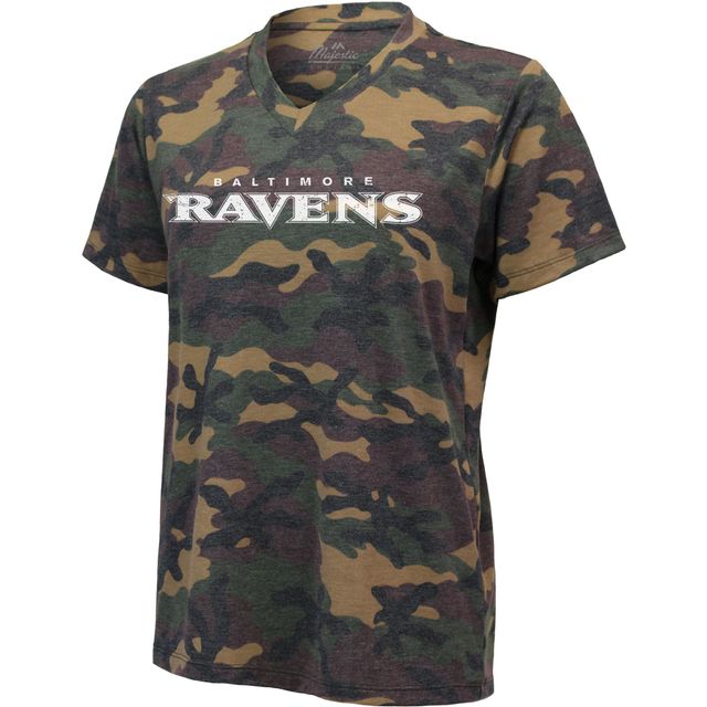 T-shirt tri-mélange à col en V pour femmes Majestic Threads Lamar Jackson Camo Baltimore Ravens Nom et numéro