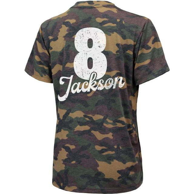 T-shirt tri-mélange à col en V pour femmes Majestic Threads Lamar Jackson Camo Baltimore Ravens Nom et numéro