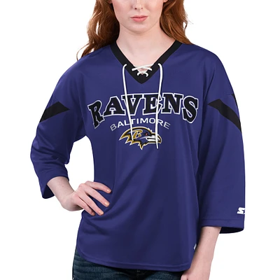 T-shirt à lacets manches 3/4 Starter Purple Baltimore Ravens Rally pour femmes