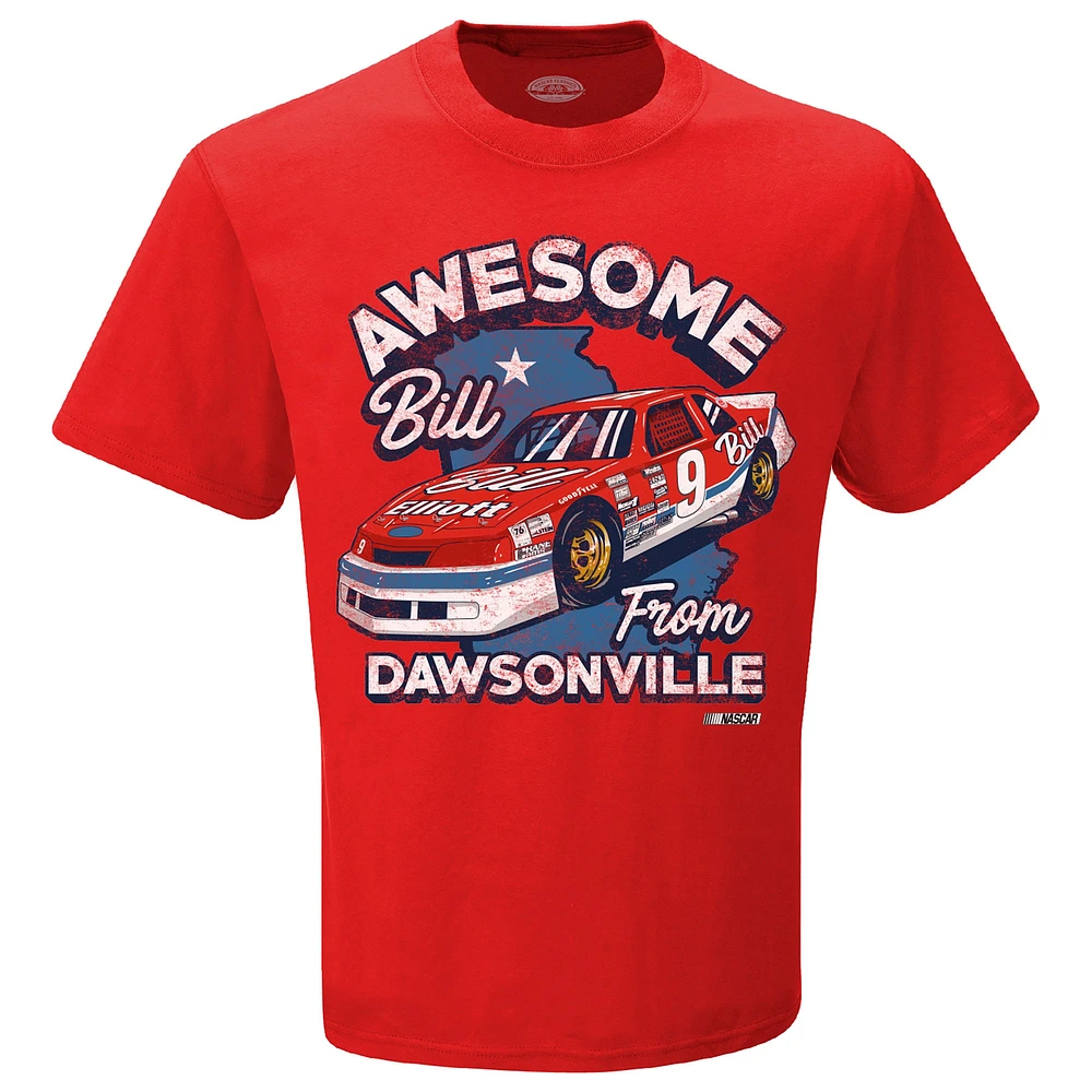 T-shirt rouge Bill Elliott Awesome From Dawsonville pour homme avec drapeau à damier