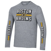 Men's Champion Heather Gray Boston Bruins Tri-Blend Dual-Stripe Long Sleeve T-Shirt