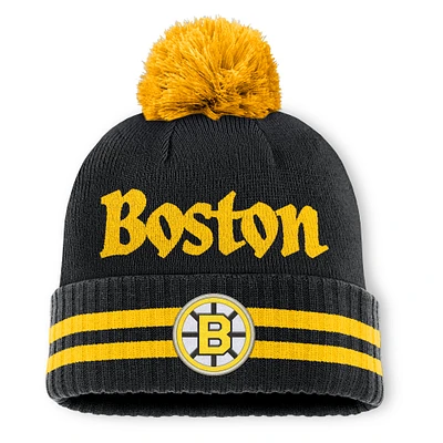 Bonnet en tricot à revers avec pompon Fanatics Black Boston Bruins Heritage pour homme