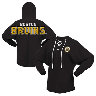 T-shirt à capuche manches longues et col en V lacets Fanatics pour femmes, noir, Jersey des Bruins de Boston
