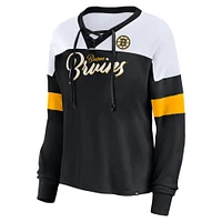 Women's Fanatics Black Boston Bruins Take the Shot Long Sleeve Lace-Up V-Neck T-Shirt
