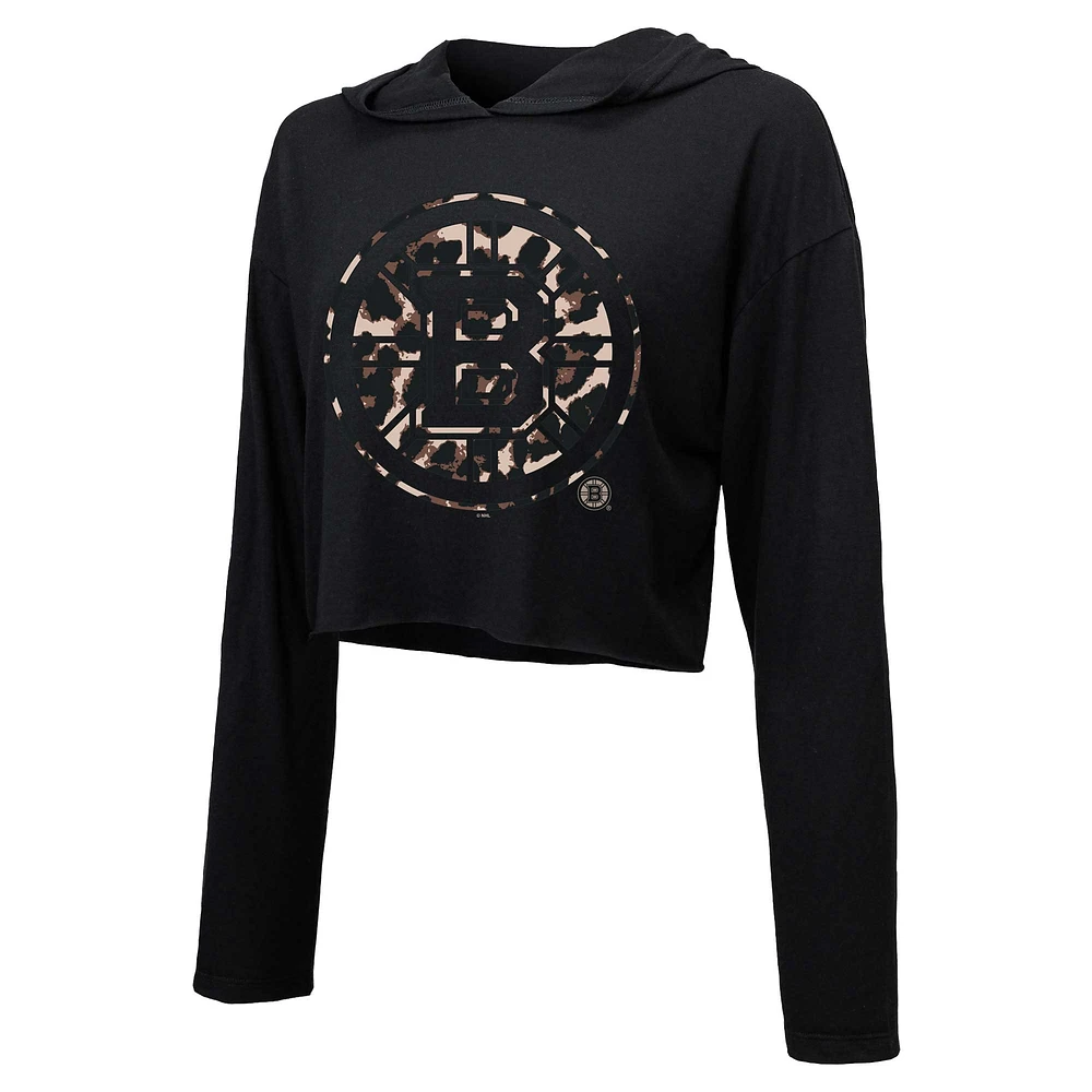 Women's Majestic Threads David Pastrnak Black Boston Bruins Leopard Print Name & Number Cropped Pullover Hoodie