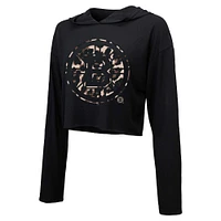 Women's Majestic Threads David Pastrnak Black Boston Bruins Leopard Print Name & Number Cropped Pullover Hoodie