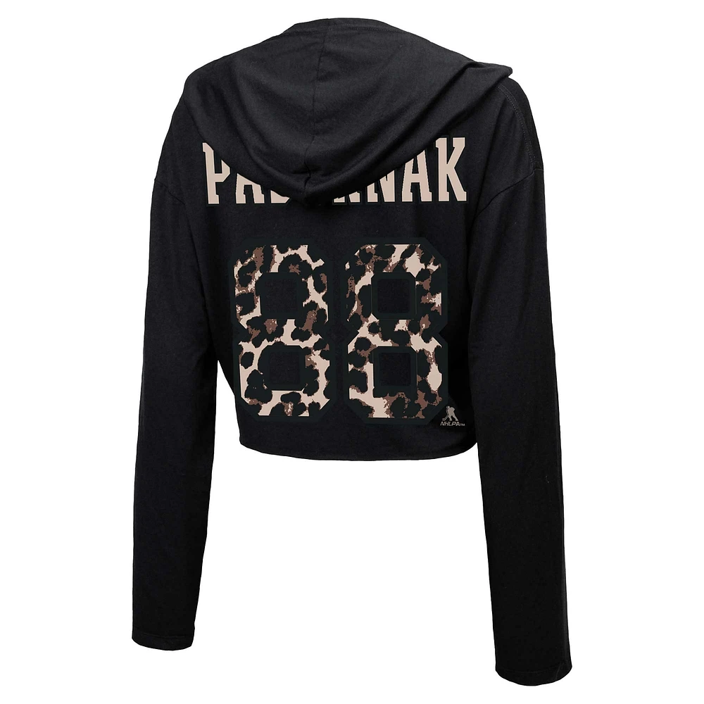 Women's Majestic Threads David Pastrnak Black Boston Bruins Leopard Print Name & Number Cropped Pullover Hoodie