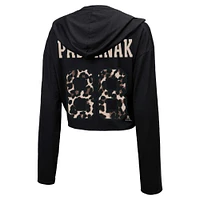 Women's Majestic Threads David Pastrnak Black Boston Bruins Leopard Print Name & Number Cropped Pullover Hoodie