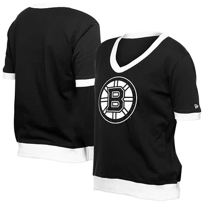 T-shirt noir New Era pour femme avec strass le jour du match des Bruins de Boston