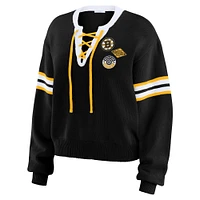 Women's WEAR by Erin Andrews  Black Boston Bruins Cropped Lace-Up Sweater