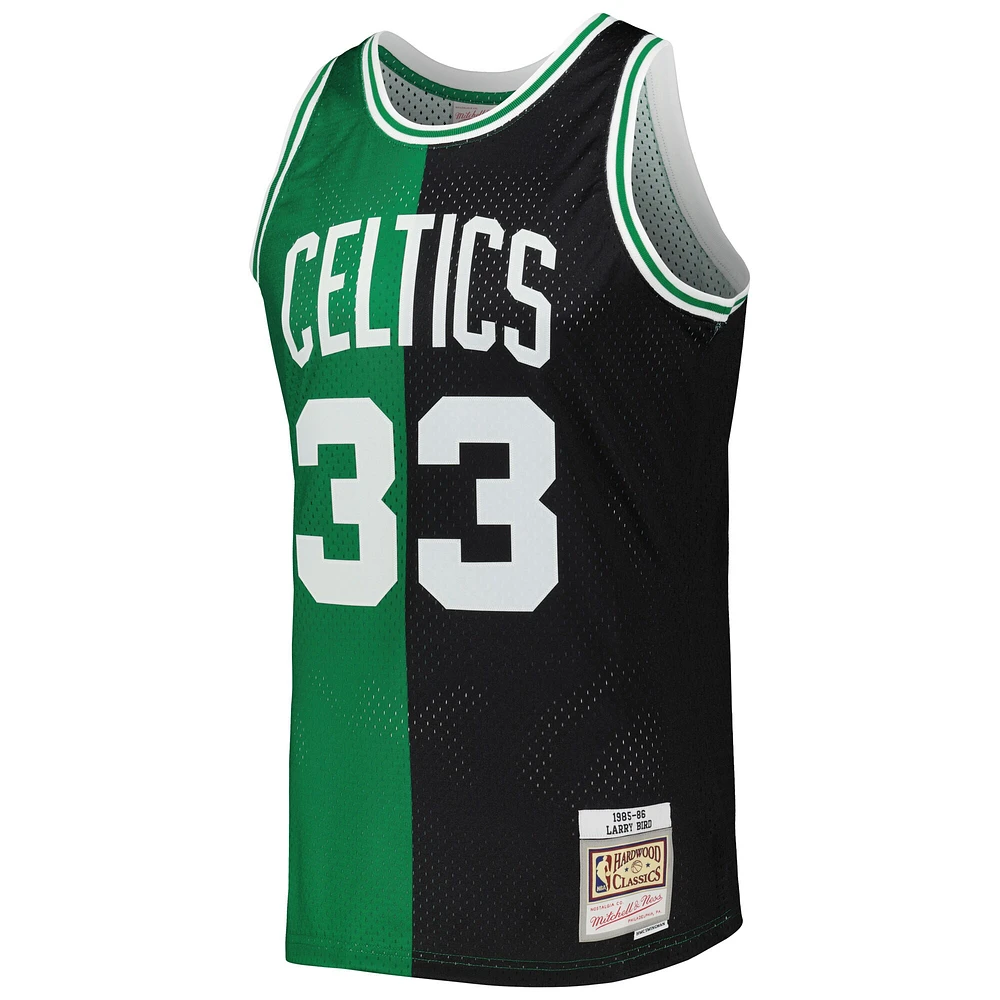 Men's Mitchell & Ness Larry Bird Black/Kelly Green Boston Celtics Hardwood Classics 1985/86 Split Swingman Jersey