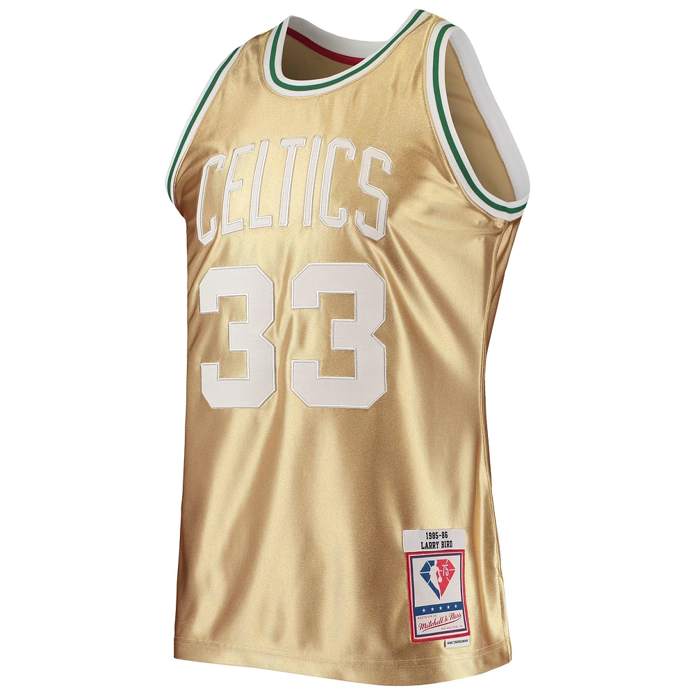 Men's Mitchell & Ness Larry Bird Gold Boston Celtics 75th Anniversary 1985/86 Hardwood Classics Swingman Jersey