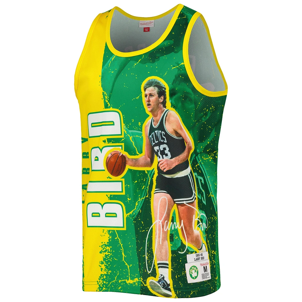 Men's Mitchell & Ness Larry Bird Kelly Green Boston Celtics 1985-86 Hardwood Classics Player Burst Tank Top