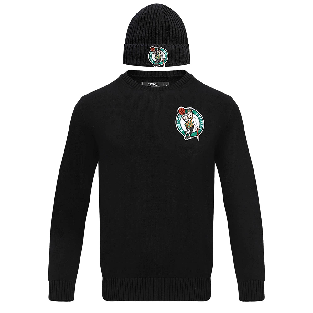 Men's Pro Standard Black Boston Celtics Crewneck Pullover Sweater & Cuffed Knit Hat Box Gift Set