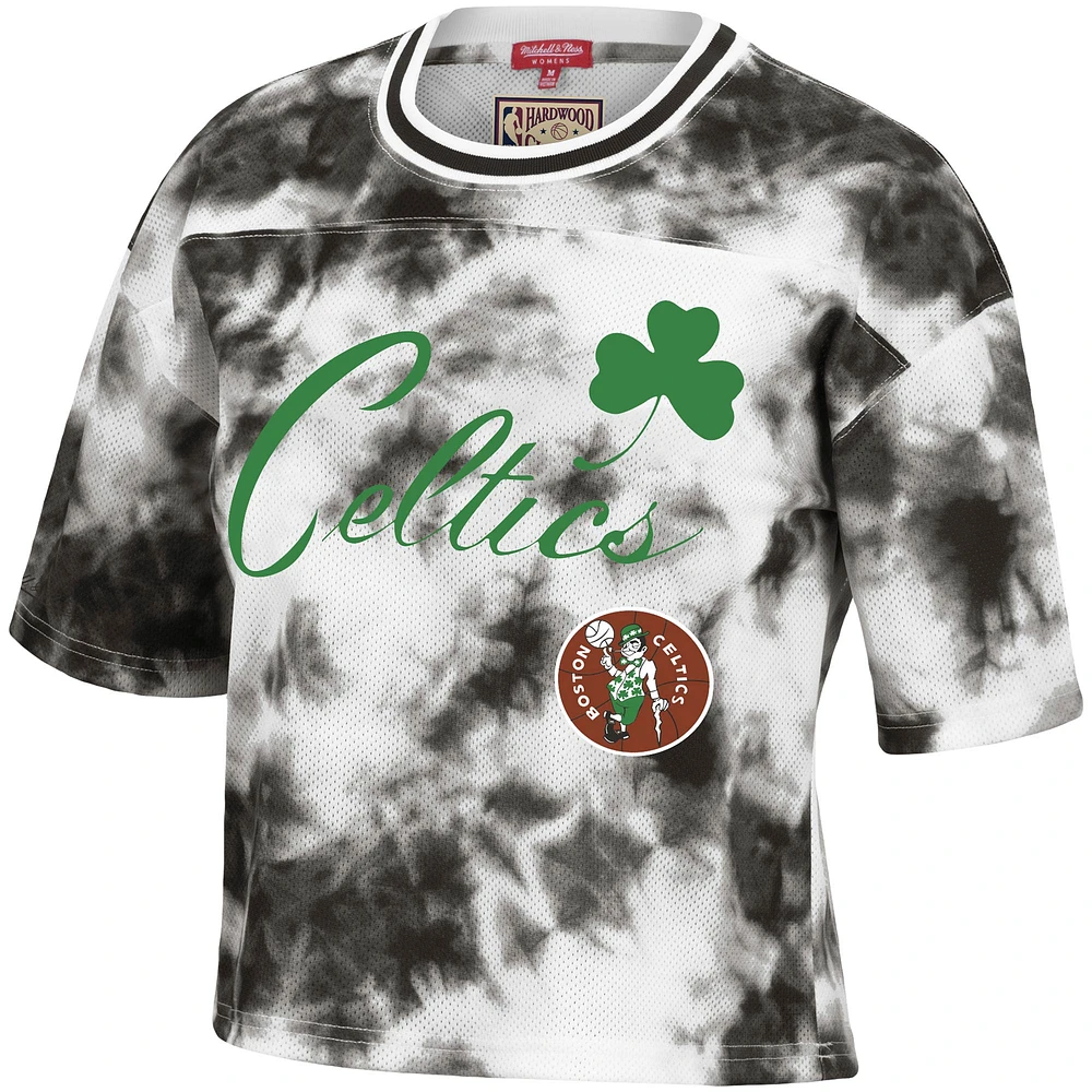T-shirt court à imprimé tie-dye Mitchell & Ness pour femmes, noir/blanc, Boston Celtics Hardwood Classics