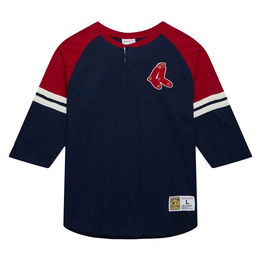 Men's Mitchell & Ness Navy Boston Red Sox Cooperstown Collection Legendary Raglan Slub Henley 3/4-Sleeve T-Shirt