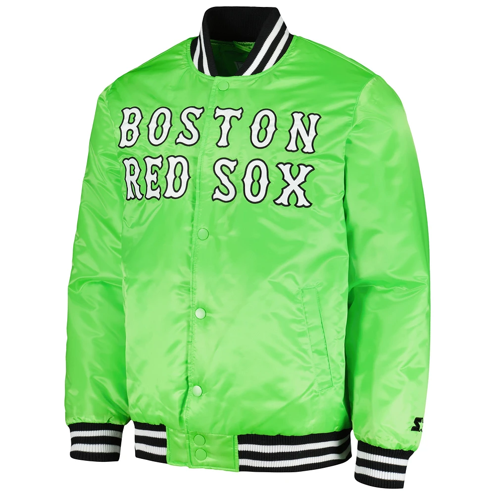 Veste universitaire en satin à bouton-pression pour homme Starter vert fluo Boston Red Sox Cross Bronx Fashion