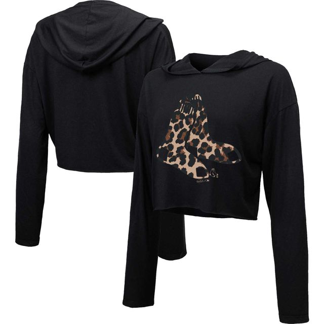 Sweat à capuche court léopard Majestic Threads Boston Red Sox noir pour femme