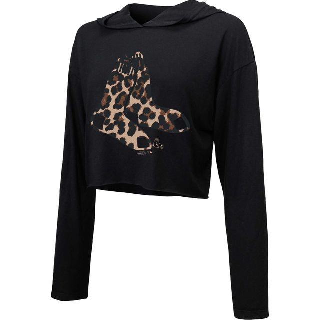 Sweat à capuche court léopard Majestic Threads Boston Red Sox noir pour femme
