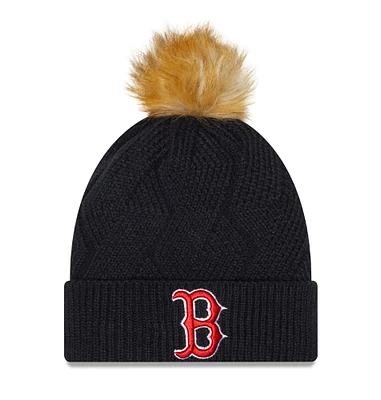 Bonnet en tricot à revers Snowy Boston Red Sox pour femme New Era bleu marine avec pompon