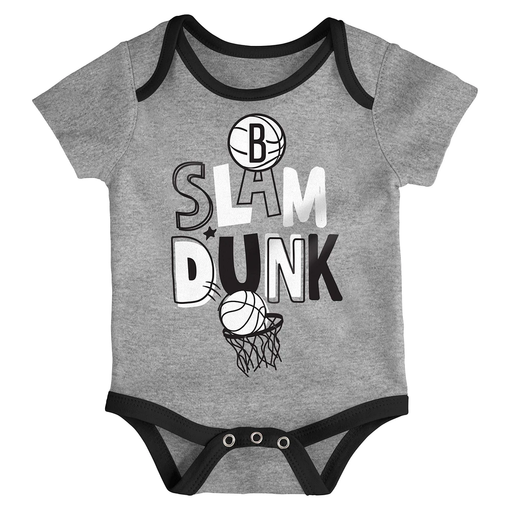 Infant Black/White/Gray Brooklyn Nets Slam Dunk 3-Piece Bodysuit Set