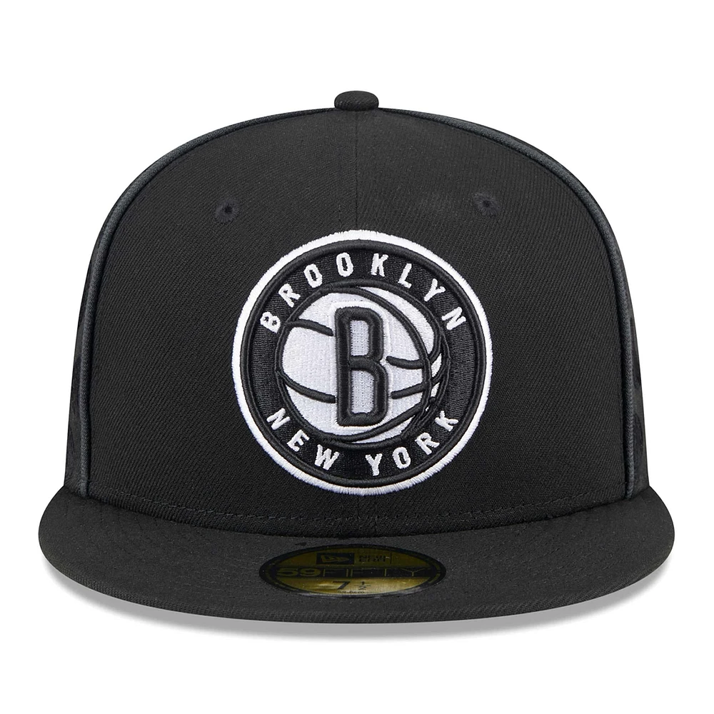 Men's New Era Black Brooklyn Nets Piped & Flocked 59Fifty Fitted Hat