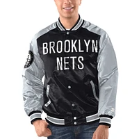 Men's Starter Black/Silver Brooklyn Nets Renegade Satin Full-Snap Varsity Jacket