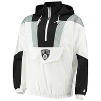 Men's Starter White Brooklyn Nets Striker Crinkle Half-Zip Hoodie Jacket
