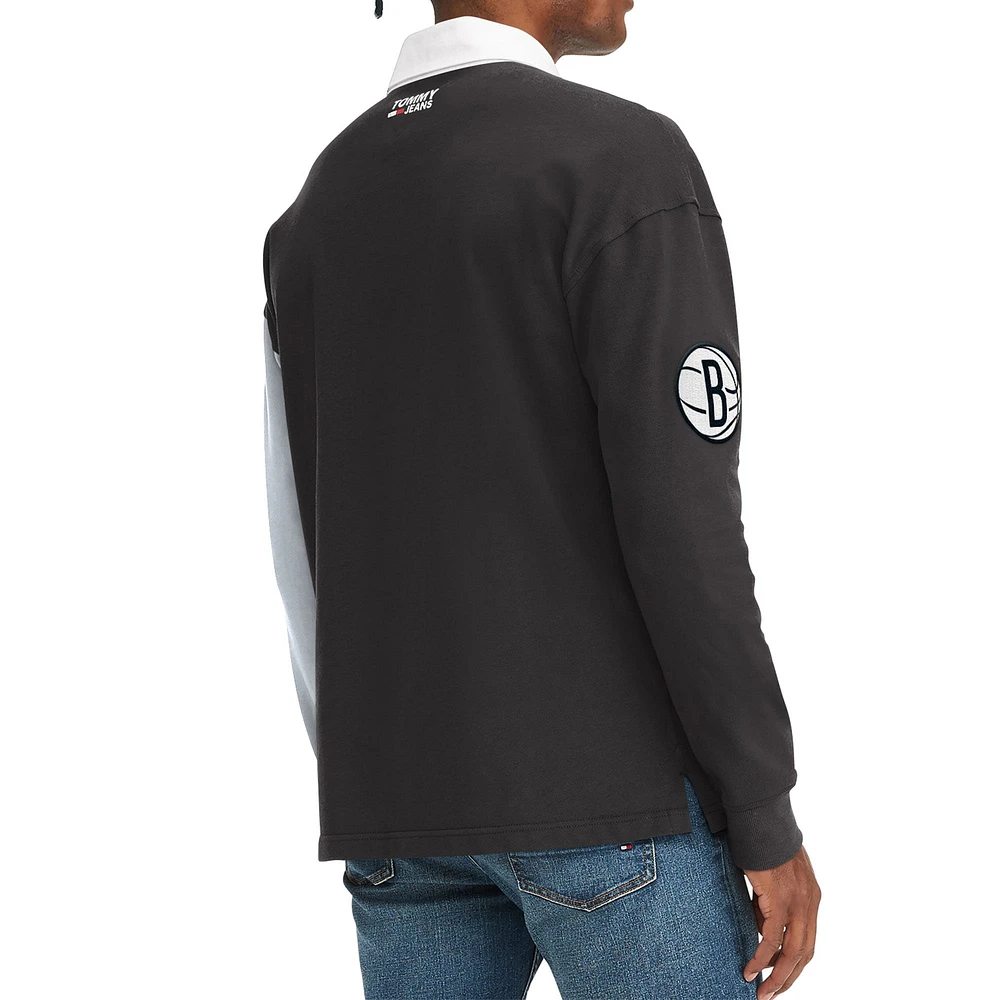 T-shirt à manches longues Tommy Jeans Brooklyn Nets Ronnie Rugby pour homme, noir/gris
