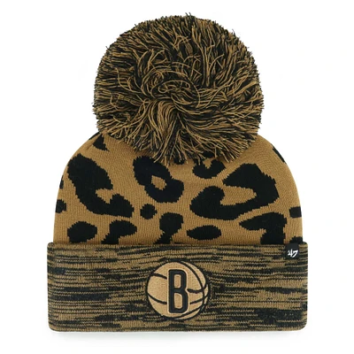 Bonnet en tricot à revers rosette '47 Leopard Brooklyn Nets pour femmes avec pompon