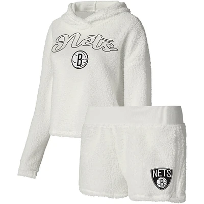 Ensemble de nuit pour femmes College Concepts Brooklyn Nets, t-shirt à capuche et short moelleux manches longues