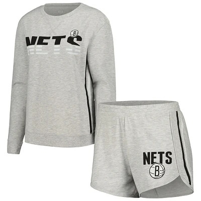 Ensemble de nuit Concepts Sport pour femmes, t-shirt et short à manches longues en cèdre gris Brooklyn Nets