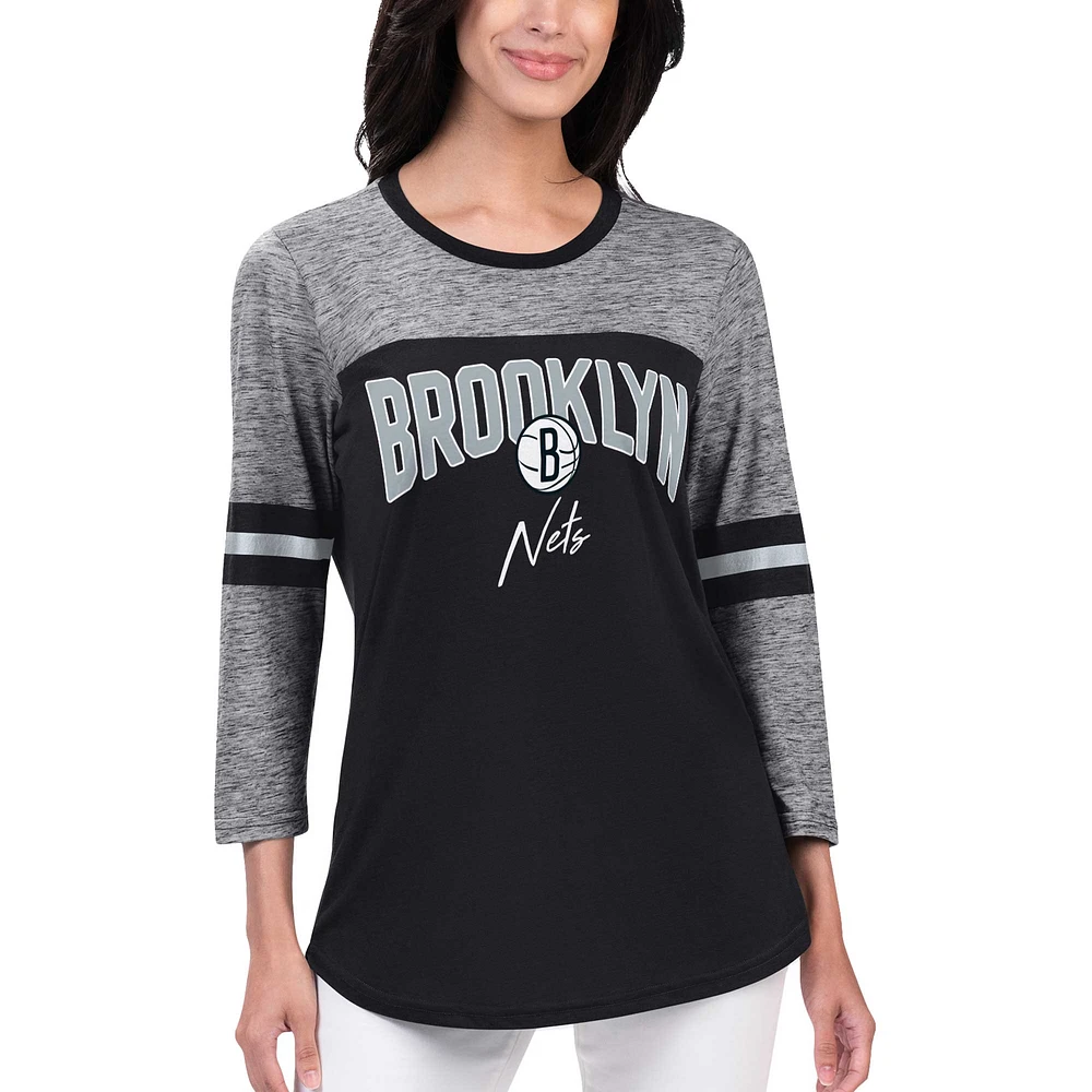 T-shirt noir à manches 3/4 G-III 4Her par Carl Banks pour femmes des Brooklyn Nets Play the Game