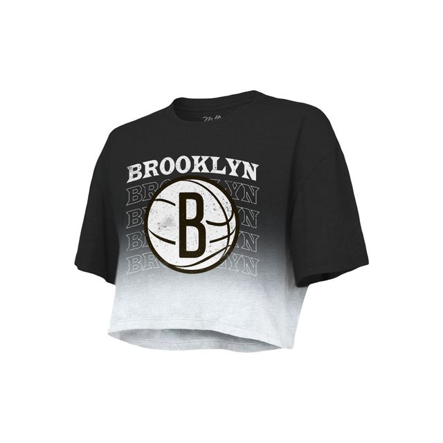 T-shirt court pour femme Majestic Threads Noir/Blanc Brooklyn Nets Repeat Dip-Dye