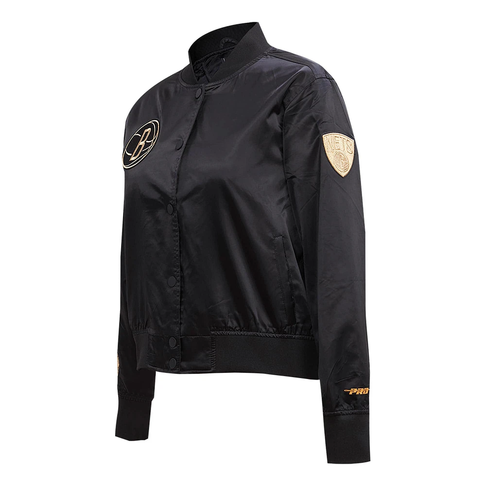 Women's Pro Standard Black Brooklyn Nets Glam Satin Full-Snap Varsity Jacket